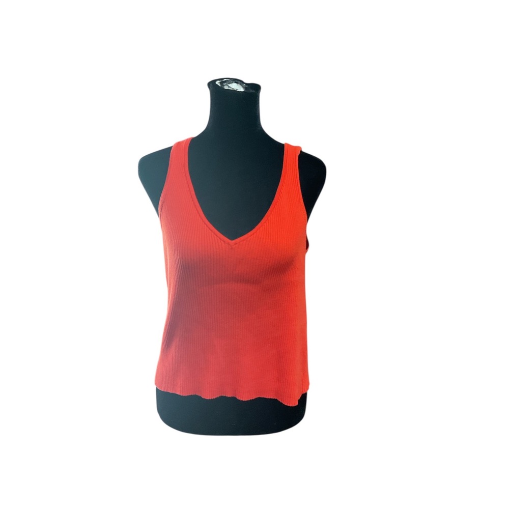 DKNY Jeans Womens Red Ribbed Knit V-Neck Tank Top Sleeveless Lettuce Hem XL